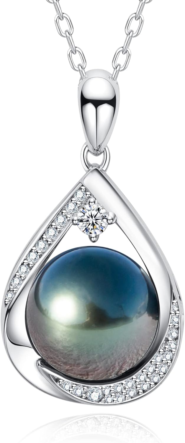 13mm Tahitian Black Pearl Necklace Pear Pendant Moissanite Sterling Silver Necklaces Birthday Anniversary Mothers Day Valentines Day Christmas Gifts for Mom Her Women