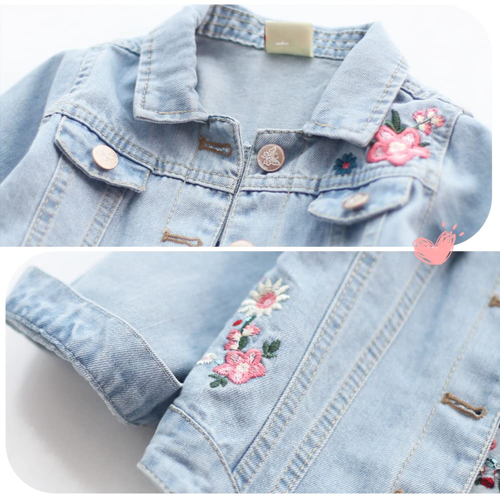Veste en Jean Enfant Fille Manteau en Denim Brodé Blouson Trench-coat à Col Revers pour Printemps Automne