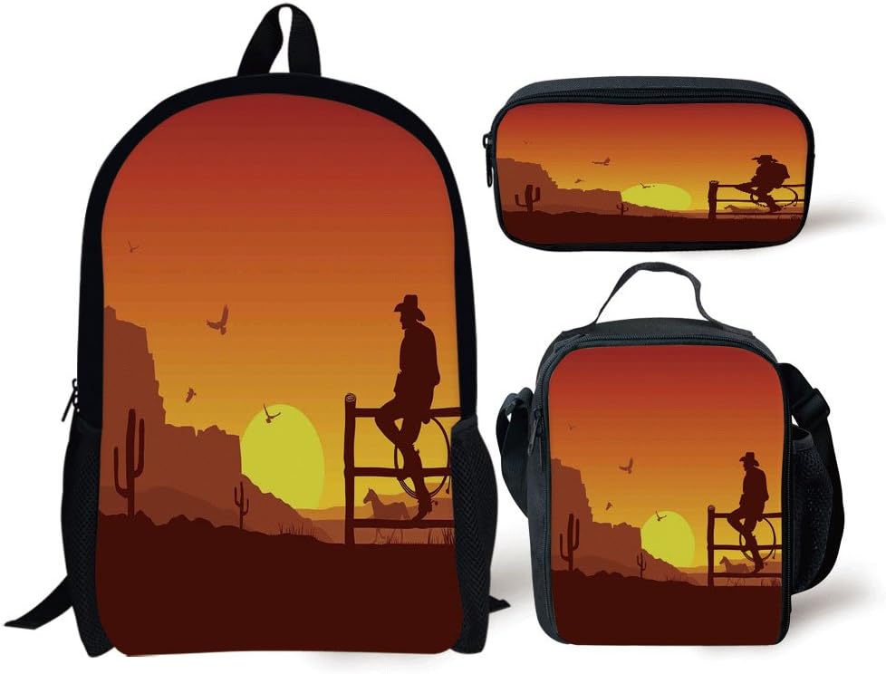 School Lunch Pen Bags,Western,Silhouette of Cowboy in Wild West Sunset Landscape American Culture Image Artsy Print,Burnt Orange,3 Piece Set