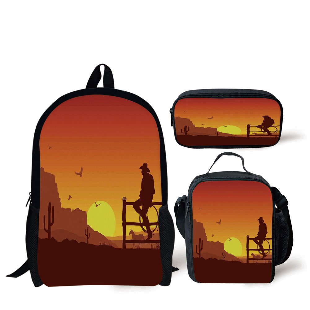 School Lunch Pen Bags,Western,Silhouette of Cowboy in Wild West Sunset Landscape American Culture Image Artsy Print,Burnt Orange,3 Piece Set