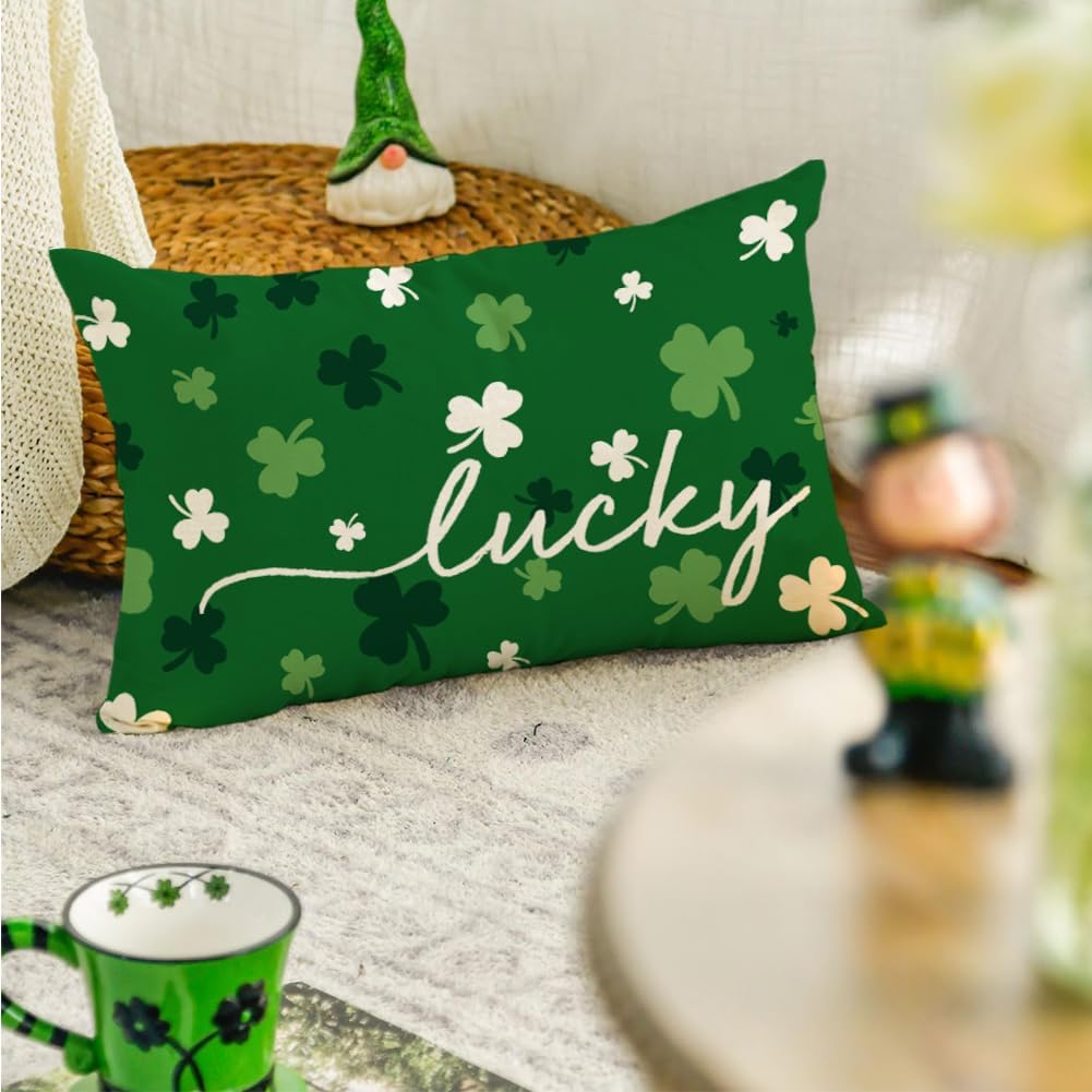RABUSOFA St Patricks Day Lumbar Pillow Covers 12x20 Inch,Lucky Shamrock St Patricks Day Decorations Holiday Spring Decorative Pillow Case Decor for Sofa Couch Green and White - Image 3