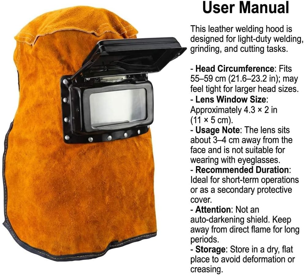 QWORK Welding Helmet Mask with Flip Open Lens, Leather Welding Hood Grinding Protective Gear Work Cap Head Face Neck Shield, Flame & Heat Resistant, Dust Resistant, Breathable image 2