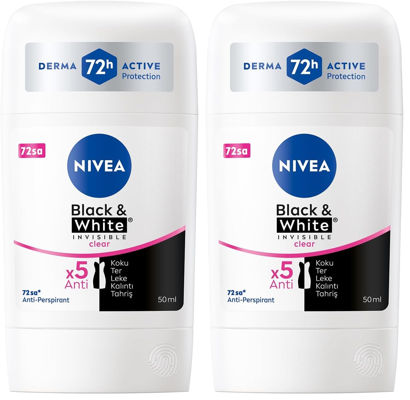 NIVEA Kadın Stick Deodorant Black&White Invisible Clear 72 Saat Anti-Perspirant Koruma, 50 ml (2 paketi)
