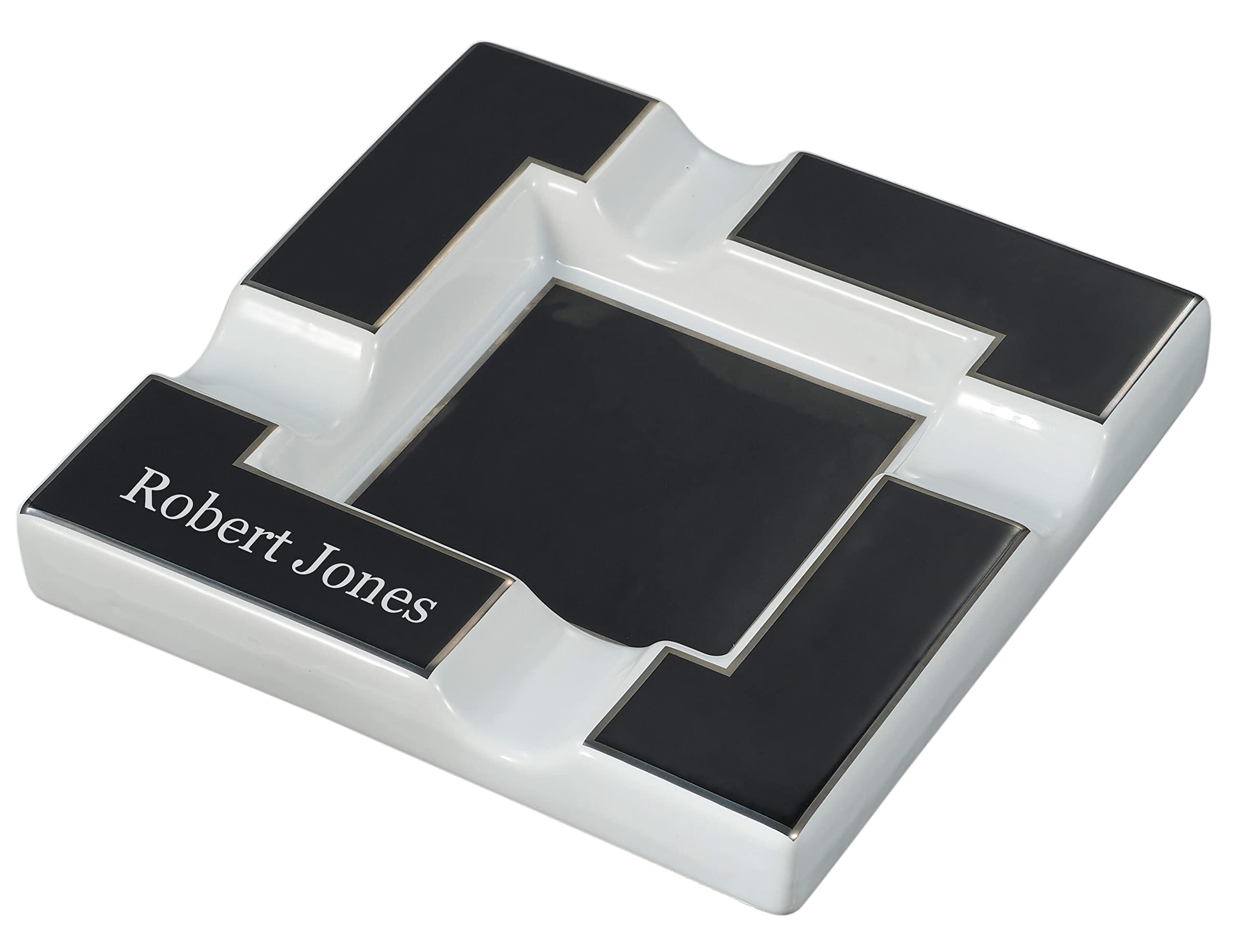 Personalized Visol Renner Black & White Ceramic Cigar Ashtray (Text)