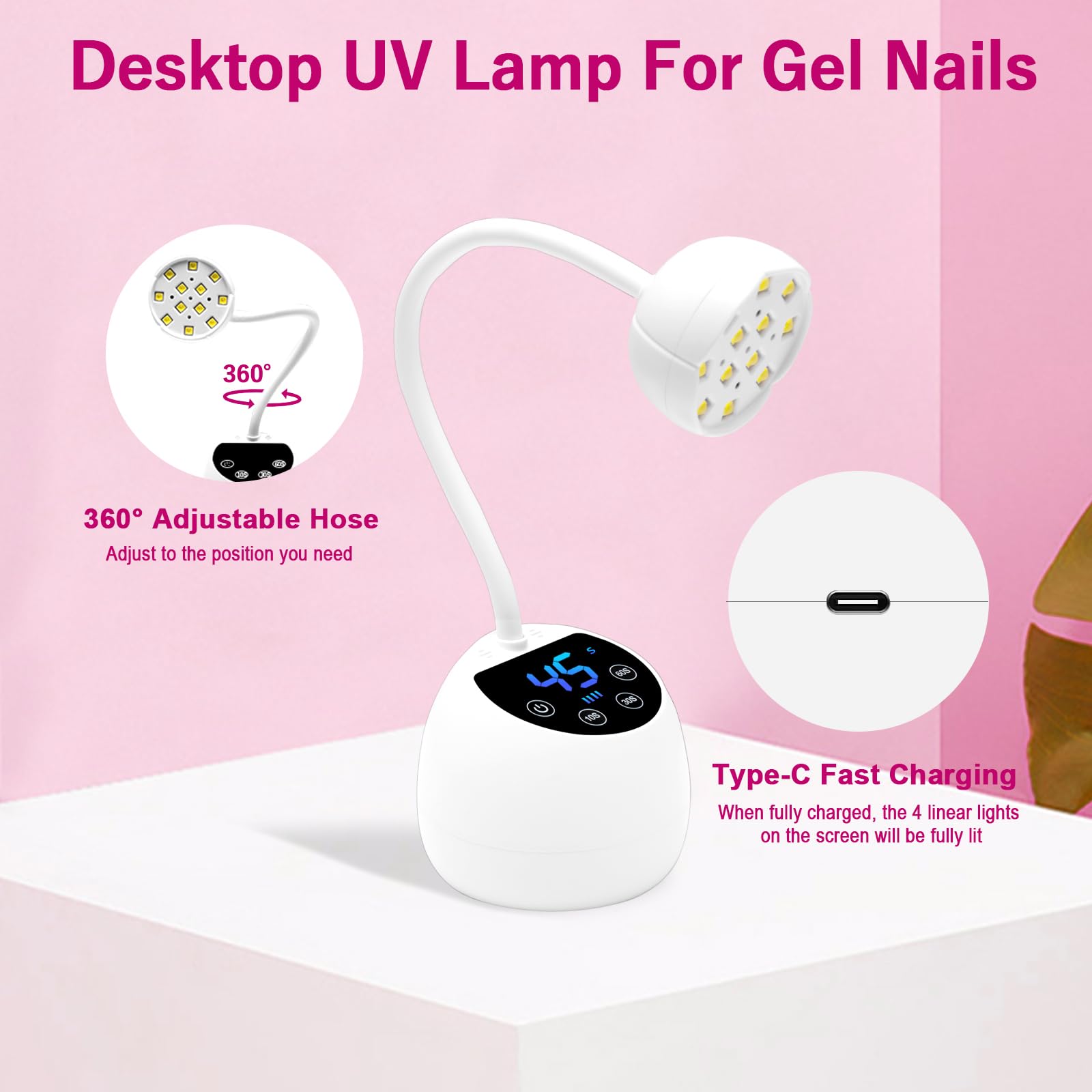 Mini lámpara UV para uñas con sensor inteligente y pantalla, lámpara LED portátil para uñas de gel, 4 modos, cable de carga USB para salón o bricolaje