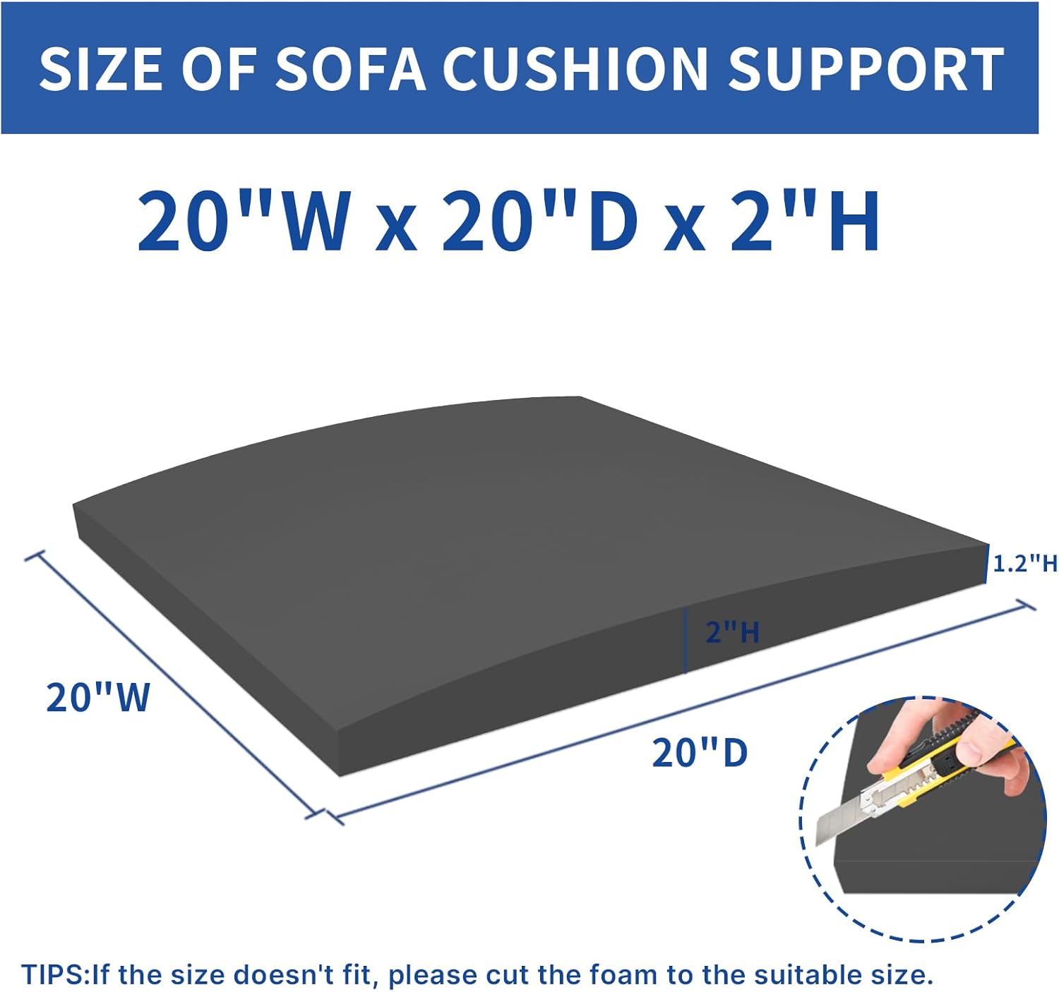 Couch Cushion Support 20" x 20" Couch Cushion Replacement, High-Density Foam Sofa Supports for Sagging Cushions Curved Furniture Seat Sag Repair (Black)