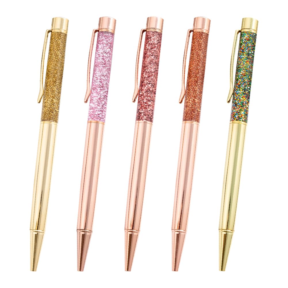 JIHUOO 5 Pcs 1 mm Fancy Metal Ballpoint Pens Black Ink Ballpoint Pens Decorative Writing Pens for Women Office Bling Ballpoint Pens Note Taking Pens with Dynamic Liquid Sand