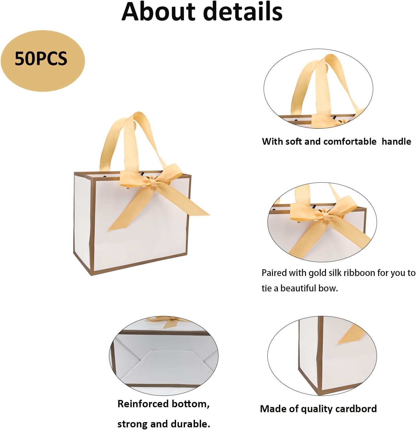 TKSBAG 50 PCS Small White Gold Gift Bags with Bow Ribbon - 6.4x3.1x5.1 Inch Thank You Bags with Handles, Bulk for Baby Shower, Bridal Shower, Wedding, Party Favors, Valentine - Image 4