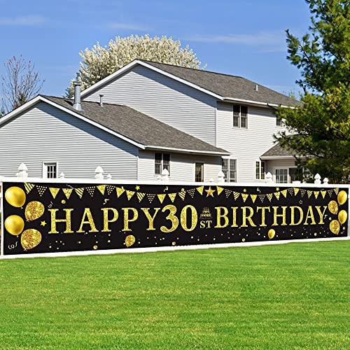 Décoration Fête 18e Anniversaire, MINKUROW 18e Bannière Toile de Fond Affiche Anniversaire Noir Or, Grande Joyeux Anniversaire Bannière en Tissu pour Jardin Table Mur Garçons et filles 300 x 50cm Cover