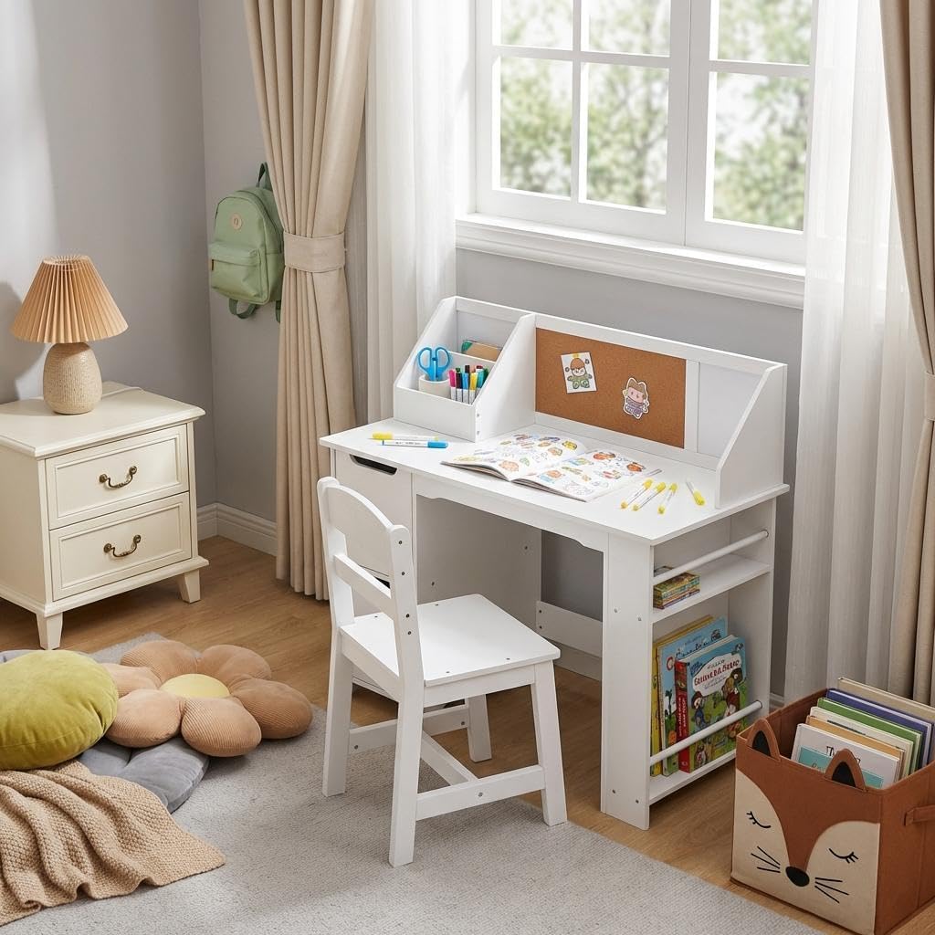 GarveeHome Kids Study Desk and Chair Set, Wooden School Learning Table with Storage, Hutch and Bulletin Board, Children Computer Desk with Chair, Small Toddler Desk for Home, School, White