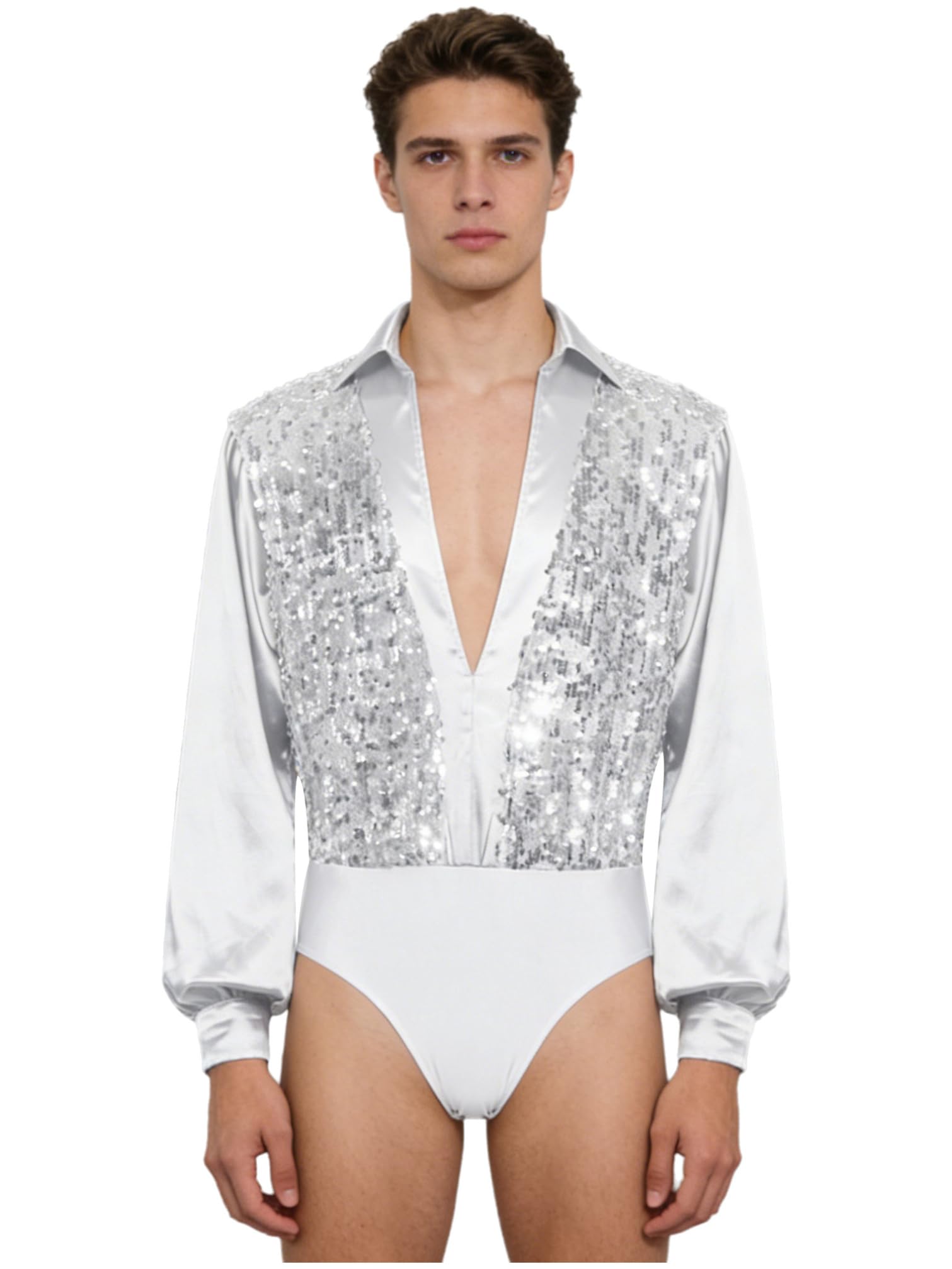 iiniim Body para Hombre Maillot de Baile Latino Rumba y Samba Camisa de Patinaje Artístico de Manga Larga Saten con Lentejuelas Cuello En V Maillot de Gimnasia
