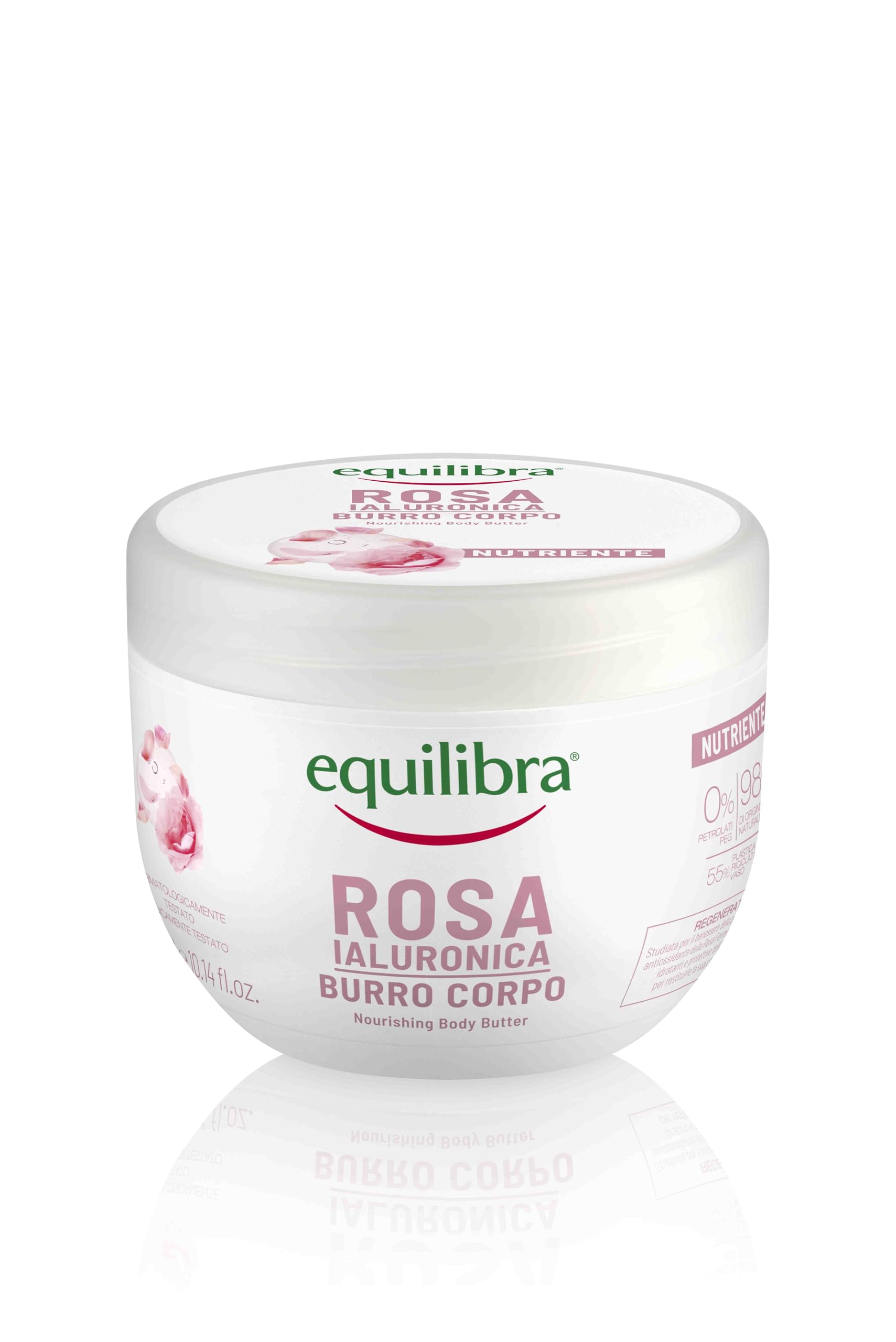 Equilibra, Kit Corpo Rosa Ialuronica Nutriente, Contiene 1 Rosa Ialuronica Burro Corpo Nutriente, 300ml, e 1 Rosa Ialuronica Acqua Profumata, con Acido Ialuronico, 50ml