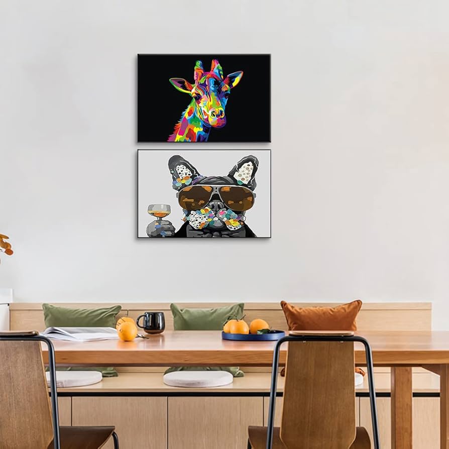 絵画　動物　写真　油絵　インテリア　雑貨　デザイン　アート Amazon.co.jp: 動物 油絵 アートパネル 2枚 飾り絵 カラフル キリン 犬