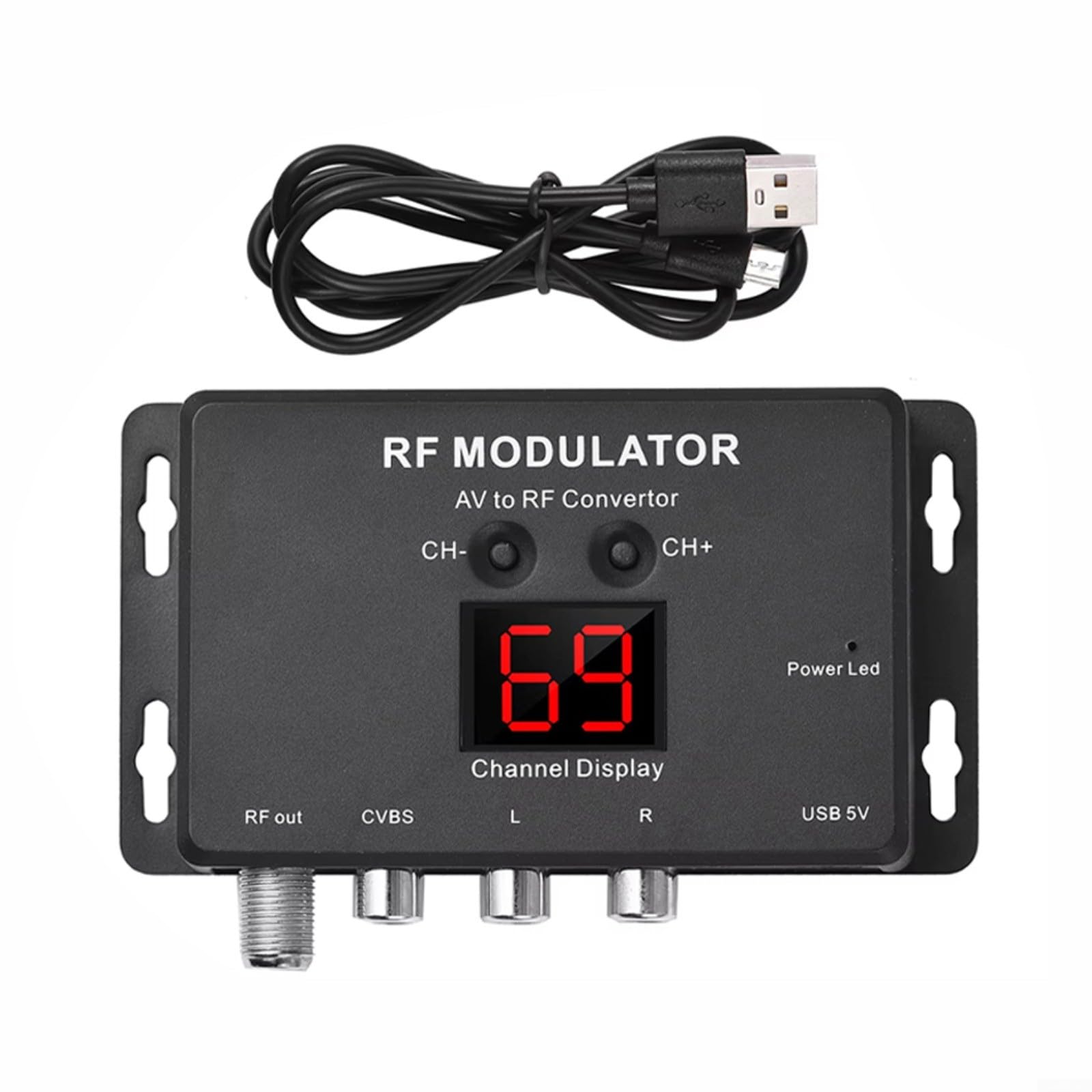 RF Modulator M60 AV zu RF Konverter für PAL NTSC TV Formate 471,25–885,25MHz UHF Ausgang 75Ω USB Stromversorgung Schwarz
