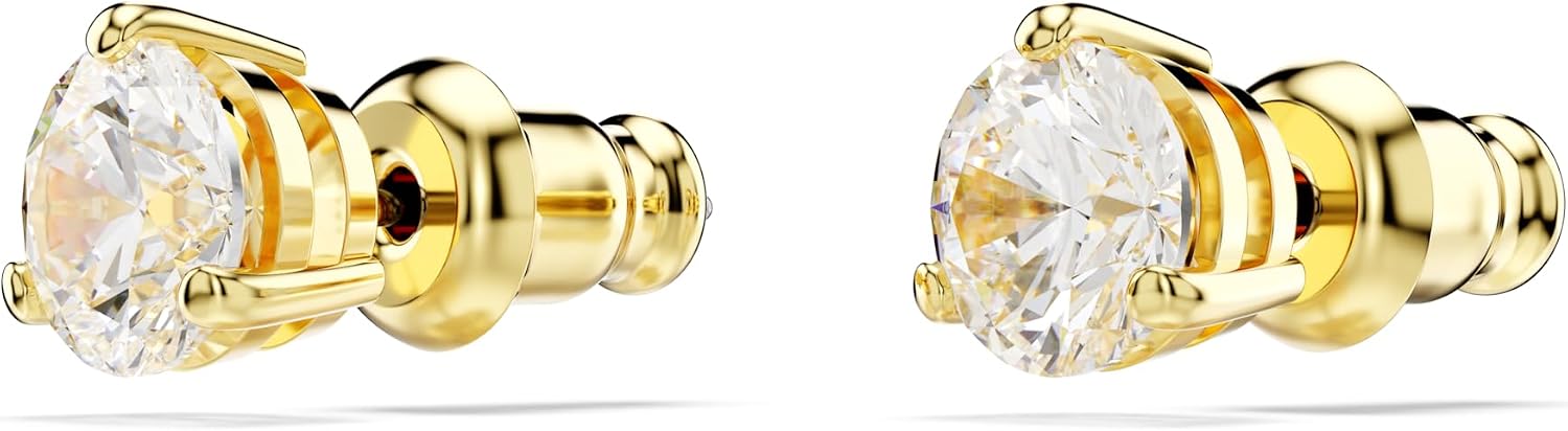Swarovski Solitaire stud earrings, Round cut, clear, Gold-tone finish
