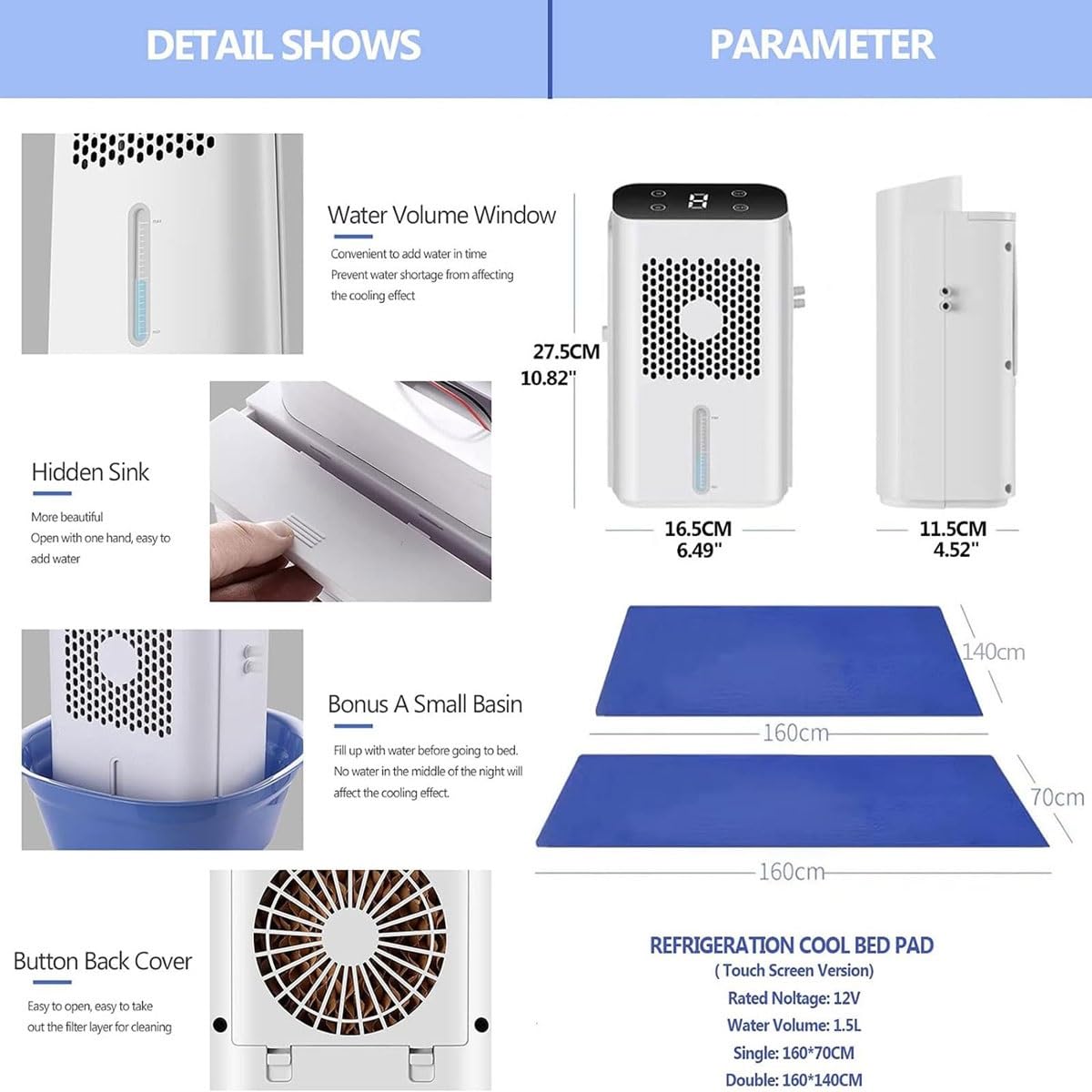 Colchón de agua refrigerante, ventiladores de dormitorio y esterilla de refrigeración, sistema de refrigeración de cama con refrigeración por agua, enfriador de colchón con pantalla LCD(160x140cm)
