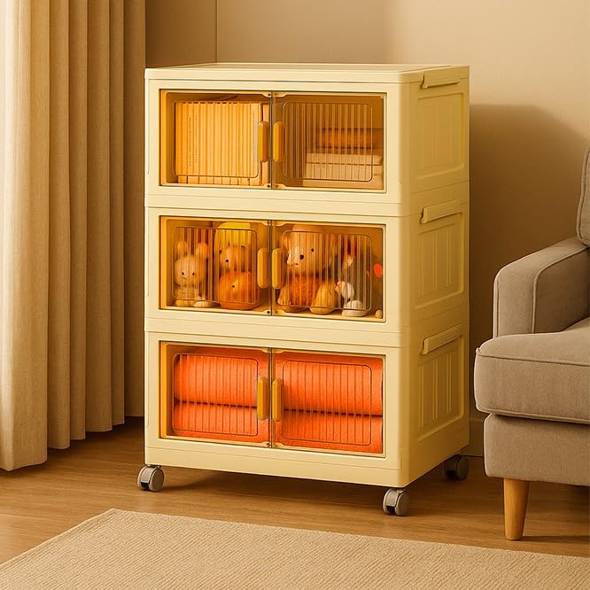 TARKAN DIY Stackable Storage Cabinet with Wheels, 50x25x72 cm, 3-Tier Magnetic Door Organiser, Transparent Panels, Cream