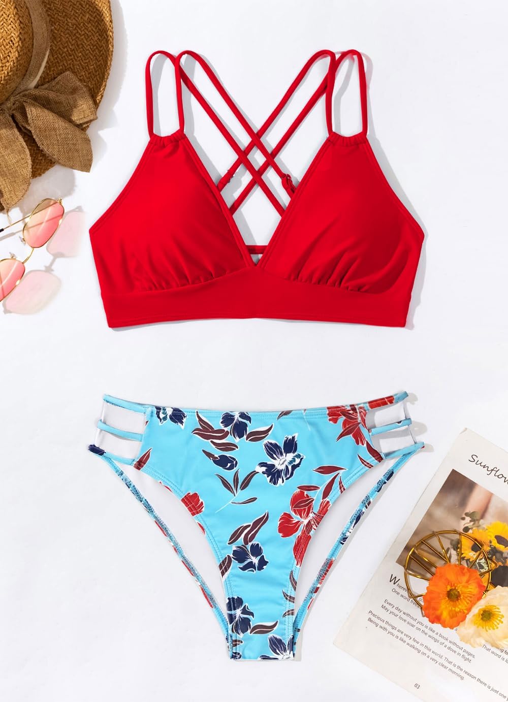 Tainehs Women's Push Up V Neck Bikini Sets Criss Cross Back Two Piece Bathing Suit - Image 3