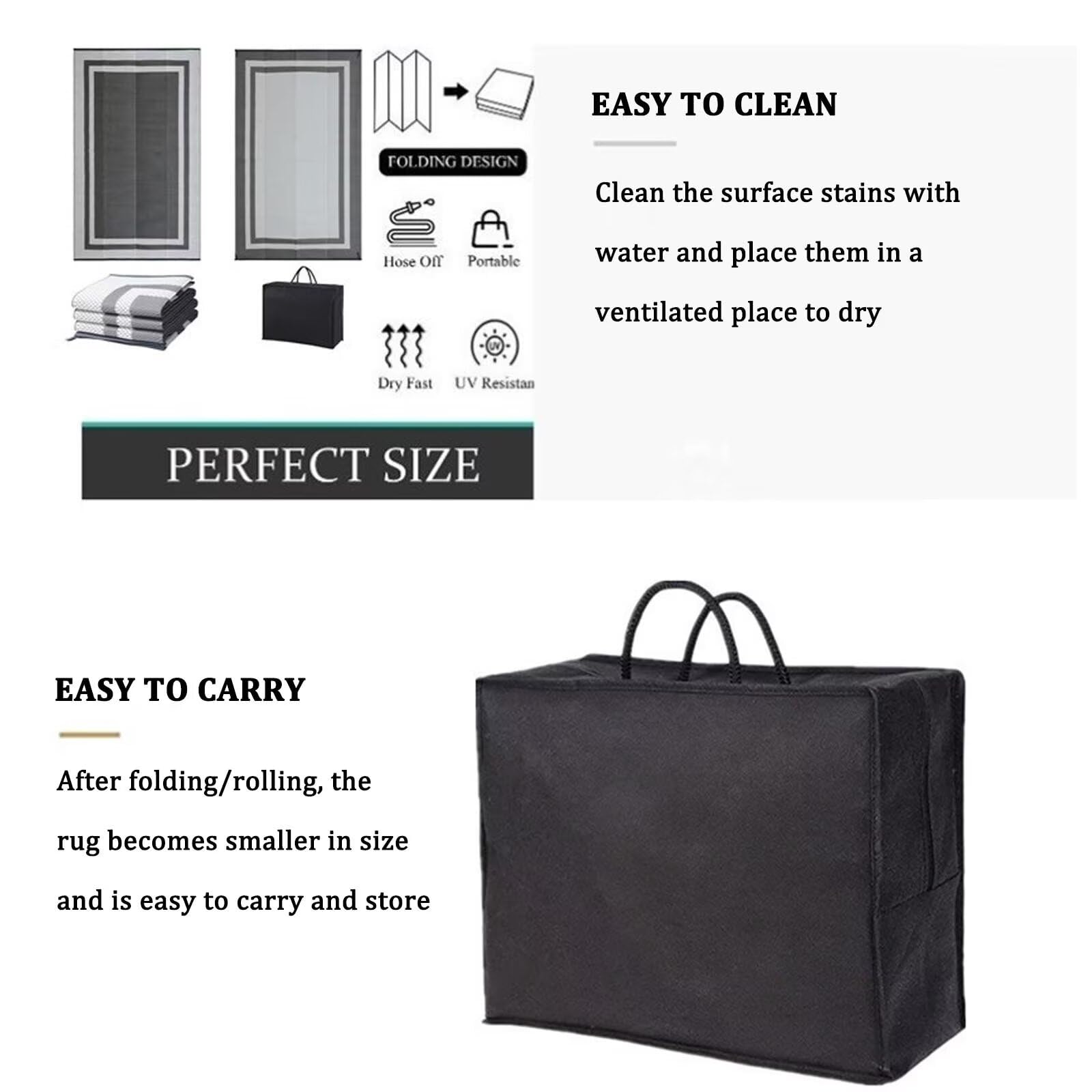 Tappeto impermeabile extra large per esterni, 610 x 760 cm, leggero, nero e bianco, tappeto da patio, resistente alla pioggia, tappetino in plastica intrecciata per uso esterno