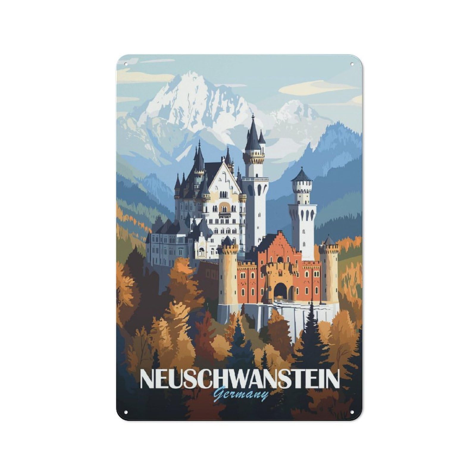 Junmoney Style-24 Creative Neuschwanstein Castle Metal Desk Wall Sign 30X20cm, Study Room Decor For Home Office, Reading Corner Or Bedroom
