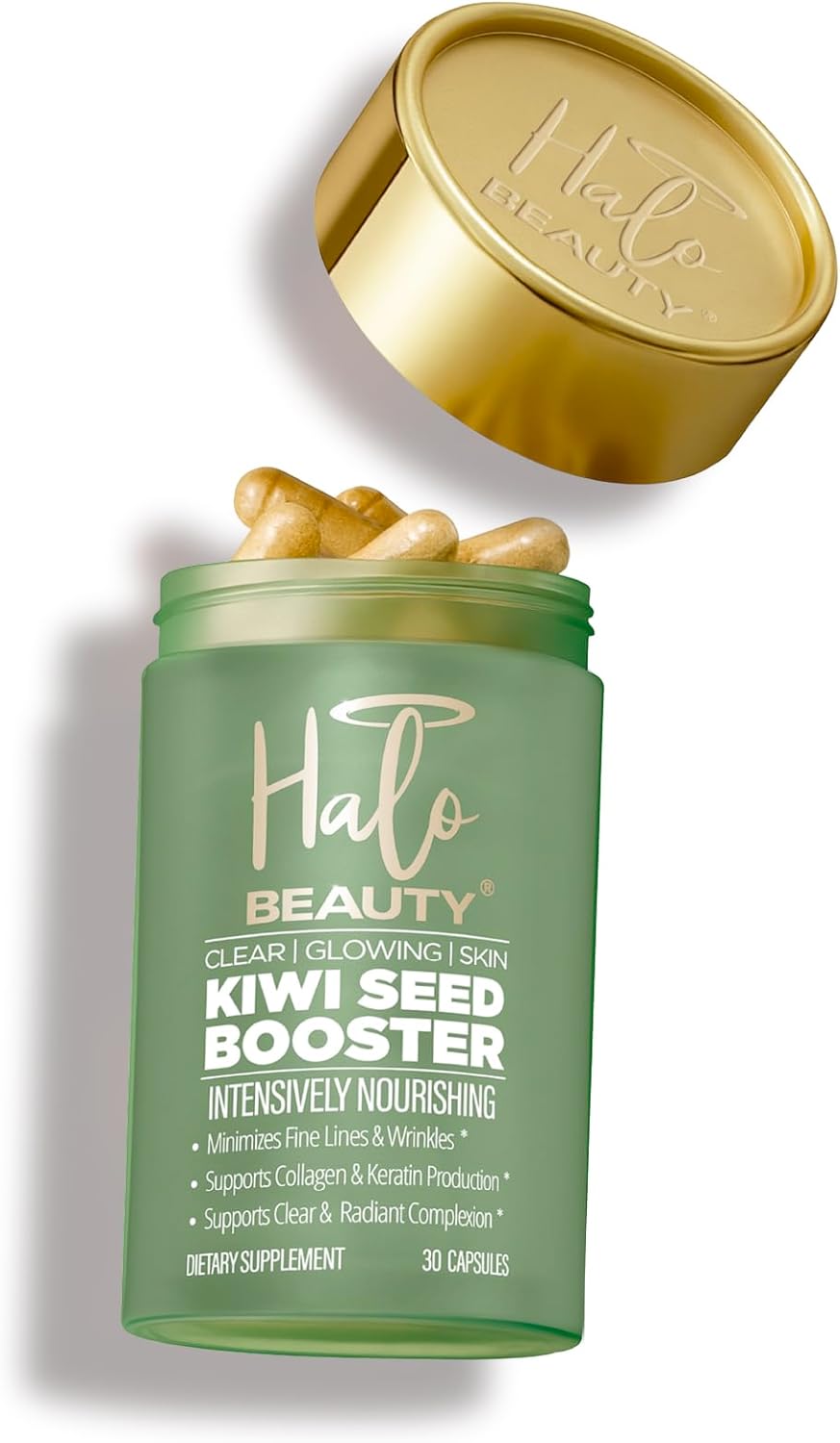 Halo Beauty Kiwi Seed Booster Skin Supplement | Skin Brightening & Anti-Aging Hydration with Kiwi Seed, Vitamin C, D3, MSM & Zinc | Vegan Collagen Support Capsules | Made in USA | 1-Month Supply