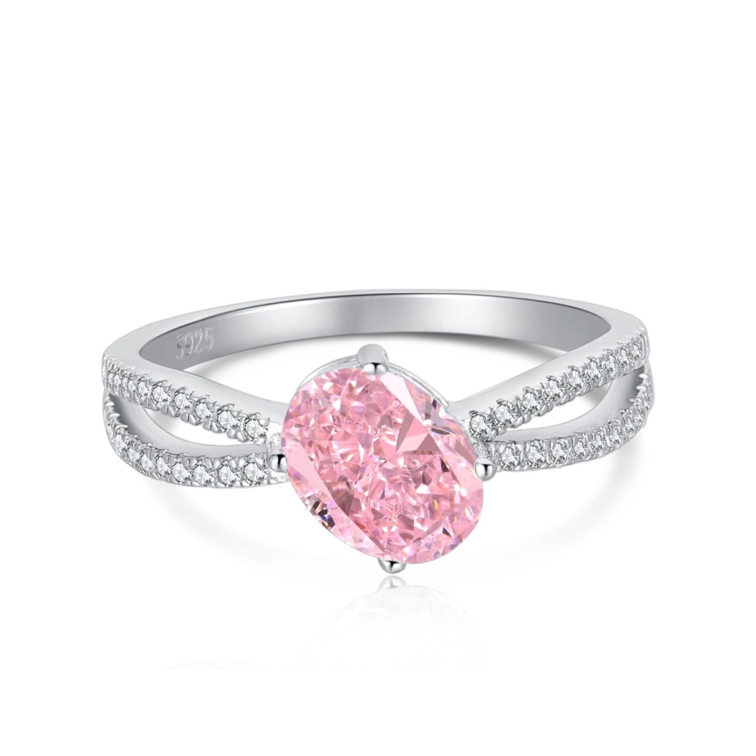92.5 Sterling Silver Accented Oval Solitaire Ring, Half Split Pave Band Engagement Ring with Pink Stone, Elegant Whites Collection, Gift for Women and Girls, BIS Hallmarked - Size 6-image-12