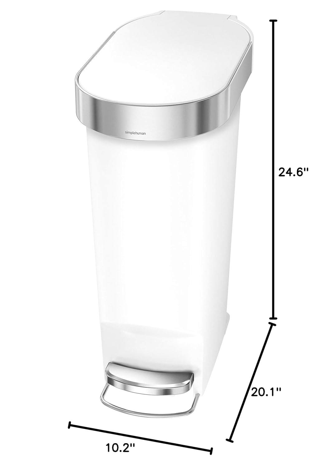 simplehuman 40 Liter / 10.6 Gallon Slim Kitchen Step Trash Can with Liner Rim, 40L, White