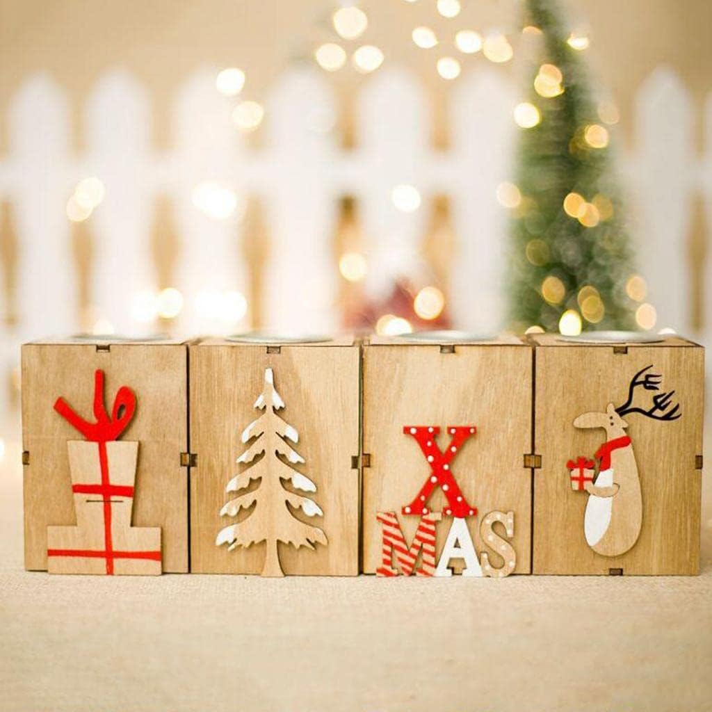 NC NC Christmas Wood Tealight Candle Holder Wooden Candlestick Home - Reindeer - Xmas