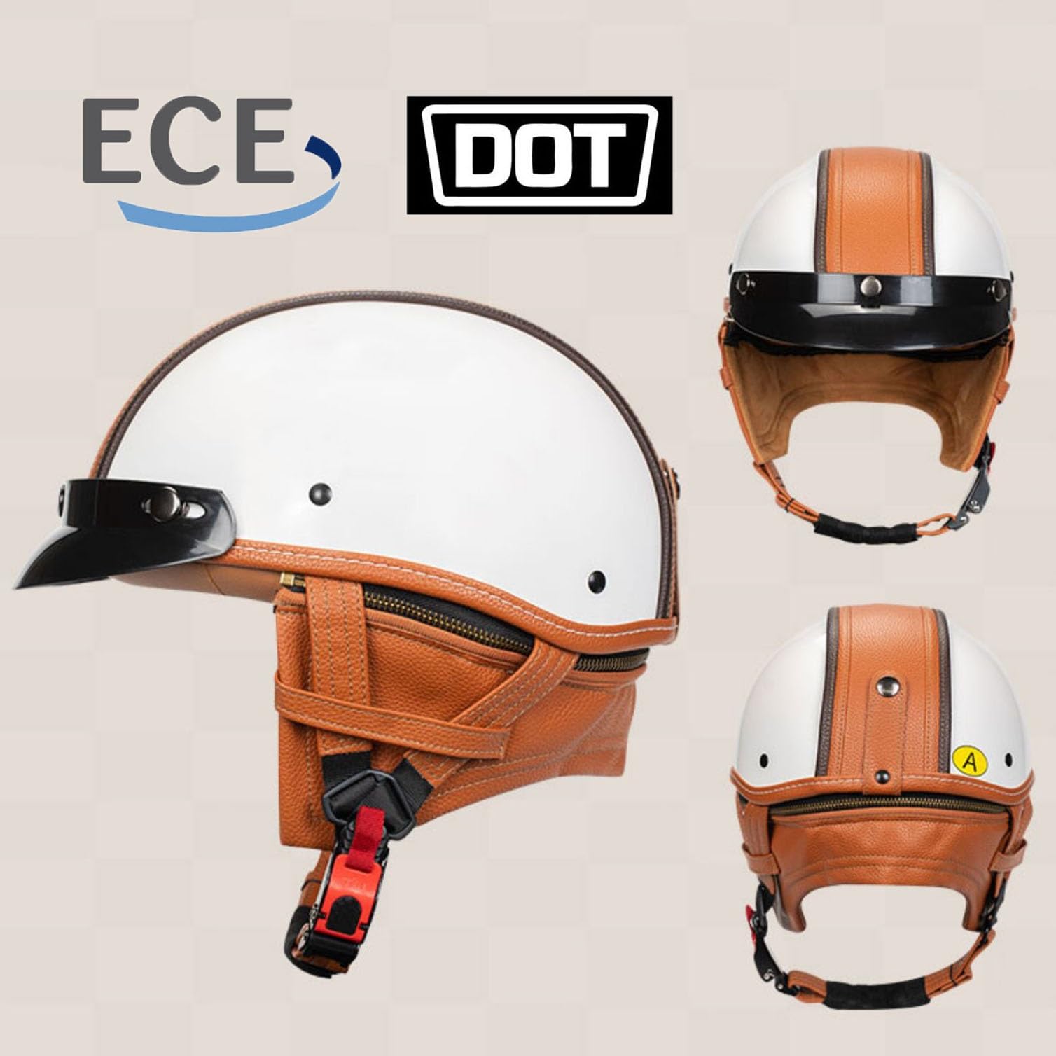 Retro Casque Demi Jet Cuir Casque Jet Vintage, Casque Moto Scooter, Casque Bol Homologué ECEDOT Casque De Protection for Hommes Et Femmes, Casque De Cyclomoteur avec Lunettes(1,M=57~58cm)