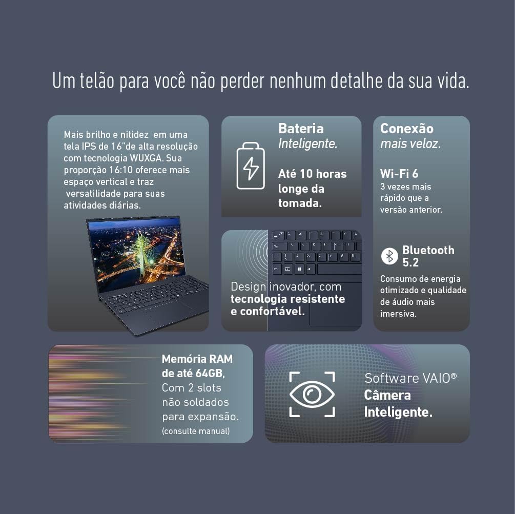 Notebook VAIO FE16 AMD® Ryzen 7-5825U Linux 32GB RAM 512GB SSD 16" IPS WUXGA Antirreflexo - Cinza Grafite Notebook VAIO FE16 AMD® Ryzen 7-5825U Linux 32GB RAM 512GB SSD 16" IPS WUXGA Antirreflexo - Cinza Grafite
