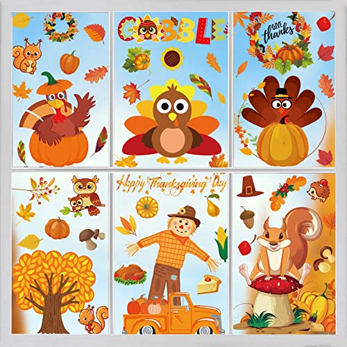 Thanksgiving Fall Window Clings Decorations, 10 Sheets Thanksgiving Window Stickers for Kids Home Office Classroom Party Glass Windows Double Sided Turkey Autumn Pumpkin Fall Leaves Window Decal - image 1