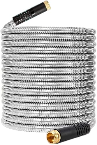 Manguera de jardín de acero inoxidable de 25 pies, manguera de agua de metal flexible de 25 pies con accesorio de latón macizo resistente al