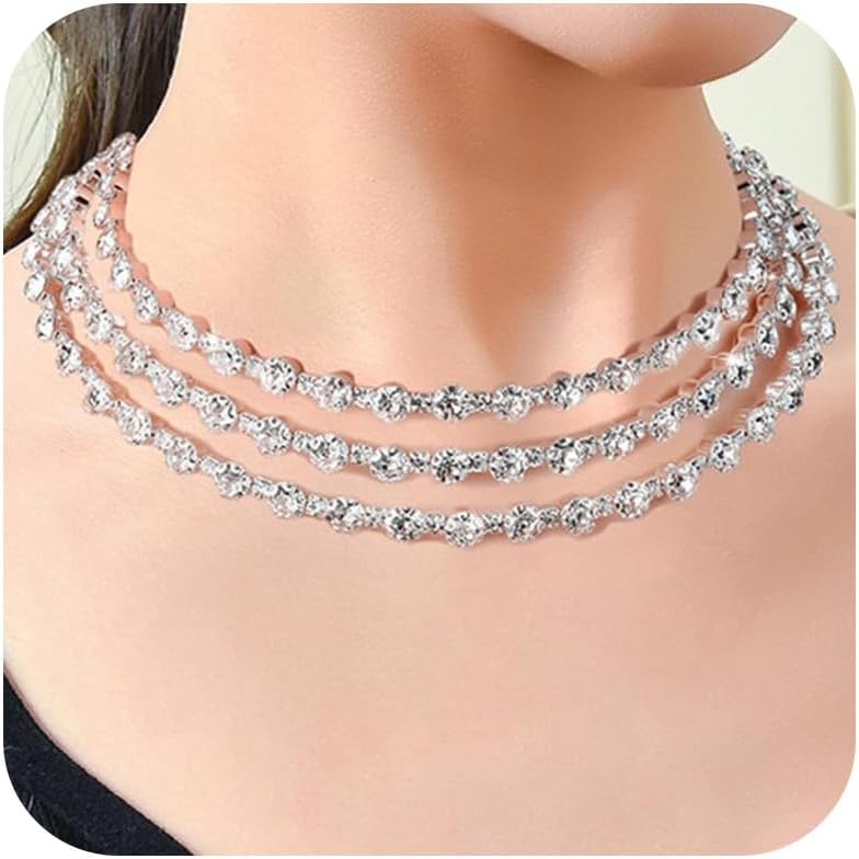 Dcfywl731Tennis Necklaces for Women Rhinestone Choker Necklace Rose Gold Choker Necklace Crystal Choker Necklace for Girls Bridal Jewelry Set for Wedding Party Prom Accessories for Women Girls
