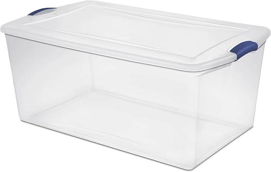 105 Qt. Plastic Storage Bin with Durable Lid, Stackable and Nestable Clear Tote Container Featuring Blue Buckles, Ideal for Organization and Storage Purposes 1-Pack