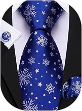 Barry.Wang Christmas Tie Set Men's Festive Necktie Xmas Pattern Silk Pocket Square Cufflinks Party