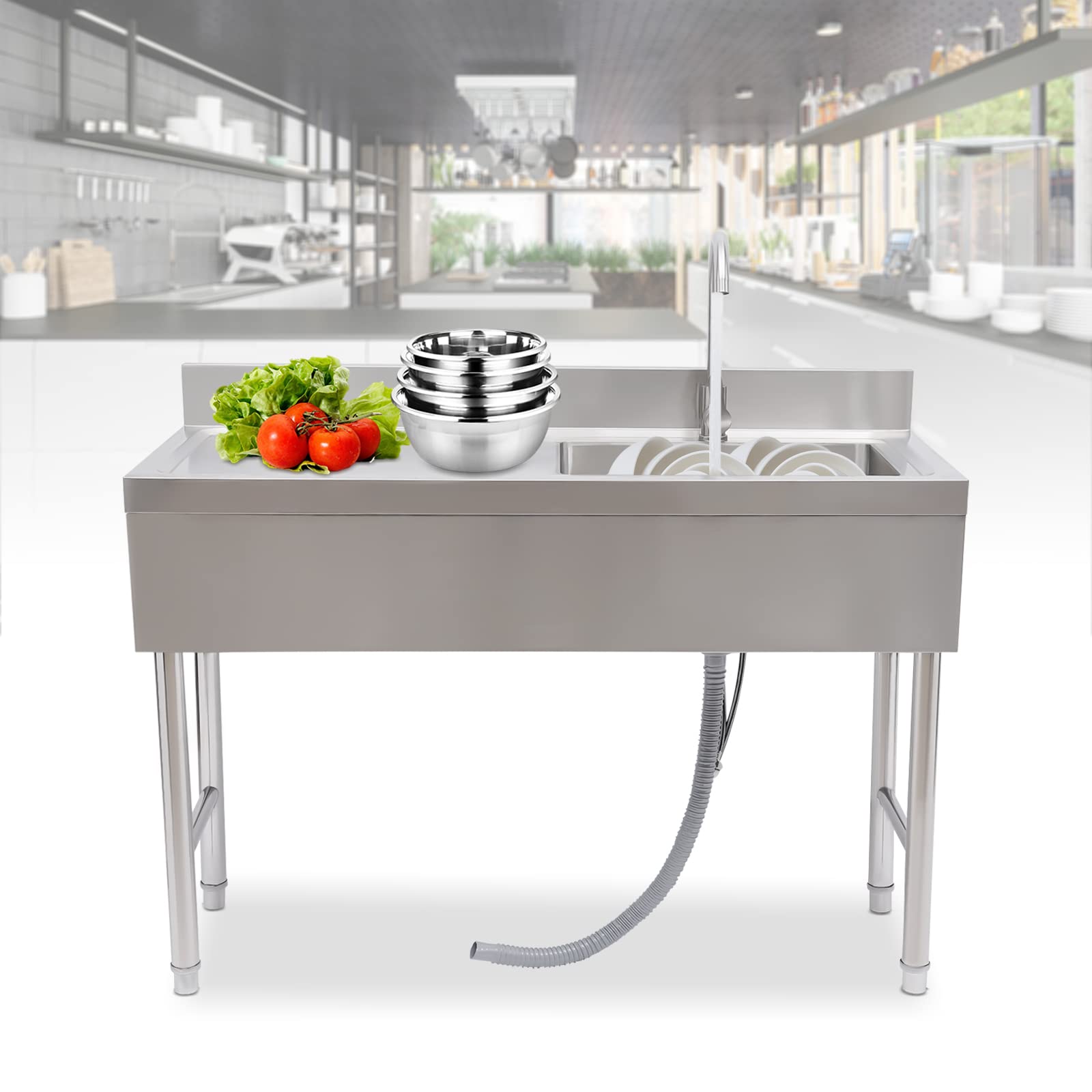 Free Standing Kitchen Sink, Single Bowl Stainless Steel Sink with Drainboard & Faucet Commercial Restaurant Kitchen Sink Set Prep Sink for Restaurant Laundry 47.2x31.5x19.6”