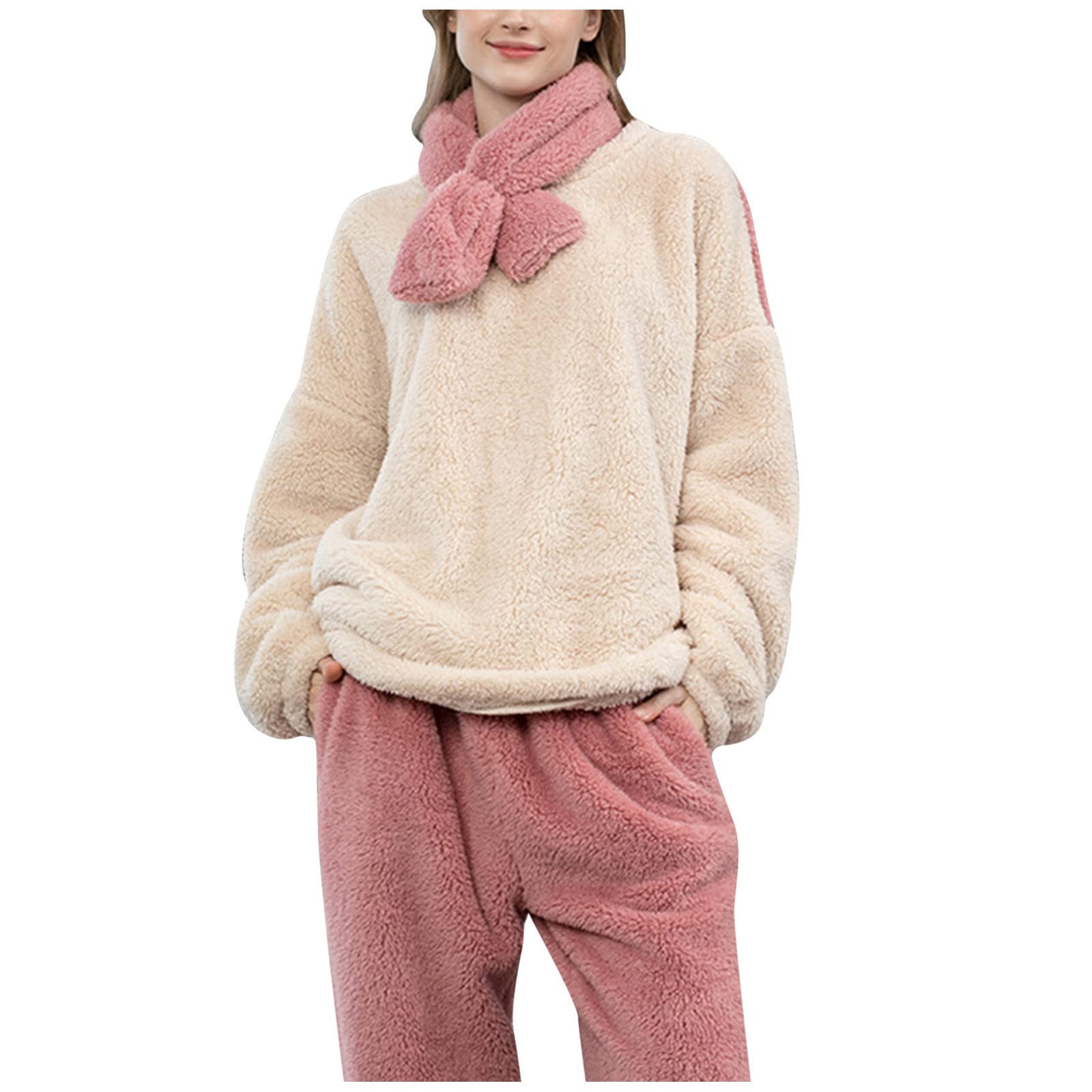 CMBSSTFC Pijamas de invierno para mujer, de forro polar, cálido y acogedor, pijamas térmicos de dos piezas, pantalones largos y camisetas de pijama, traje de jogging, conjunto de pijama de gran tamaño
