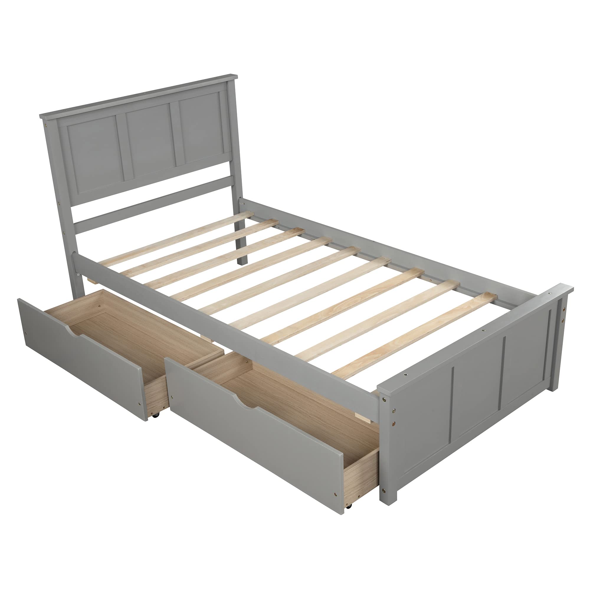 Twin Platform Bed with 2 Drawers and Headboard, Solid Wooden Twin Size Bed Frame with Storage and Wood Slats, Twin Size Platform Bed for Kids,Teens,Adults (Grey)