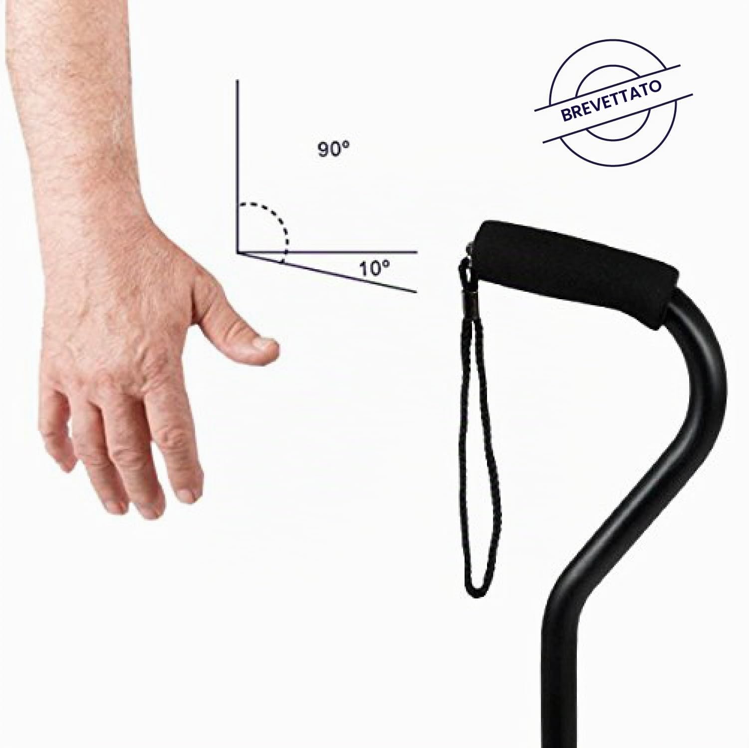 KMINA Bastone da Passeggio per Anziani Regolabile in Alluminio, Nero | Elegante per Donna e Uomo, Impugnatura Inclinata di 10 Gradi, Puntale Antiscivolo, Leggero e Autoportante, Prodotto in Europa