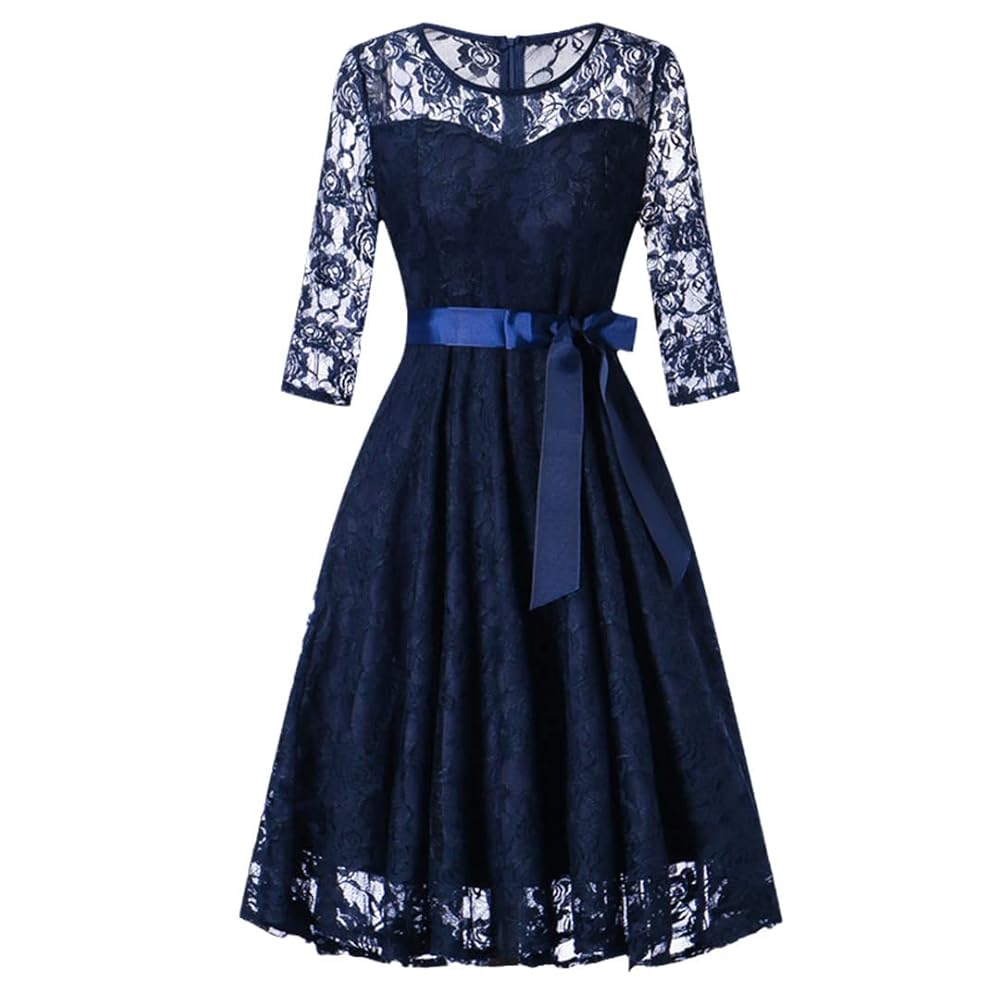 【新品M】LIMITED VINTAGE LACE DRESS Autumn Vintage Blue Lace Dress Women A-Line Ladies Dress