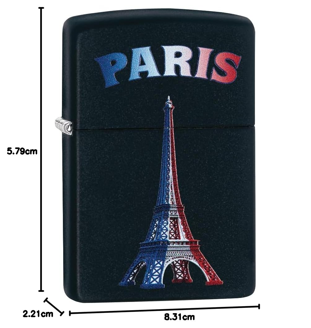 Zippo Sturmfeuerzeug - Paris Eiffel Tower Flag, Black Matte, Color Image - Nachfüllbar - Wiederverwendbar - Windfestes Design - Geschenkbox - Made in USA