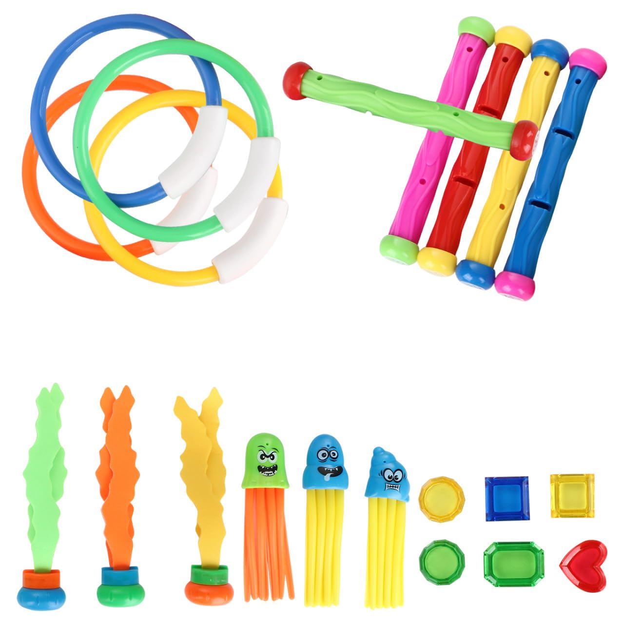 Artibetter Ensemble de 21 Pièces de Bâtons et Anneaux de Plongée en PVC pour Garçon et Filles, Design Lisse, pour Piscine et Apprentissage Plongée sous-Marine Couleur Aléatoire