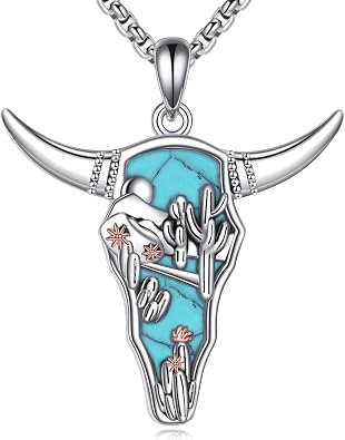 Turquoise Western Necklace Sterling Silver Moon Kokopelli/Cow Skull/Zia Sun/Mountains Pendant Necklace Turquoise Jewelry for Women Hikers Campers