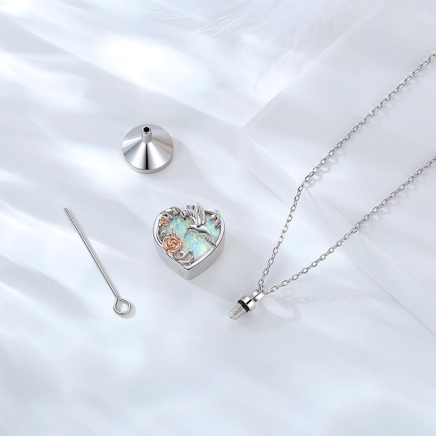 Urn Necklaces for Ashes for Women 925 Sterling Silver Heart Cremation Hummingbird Cardinal Opal Pendant Jewelry Gifts - Image 2