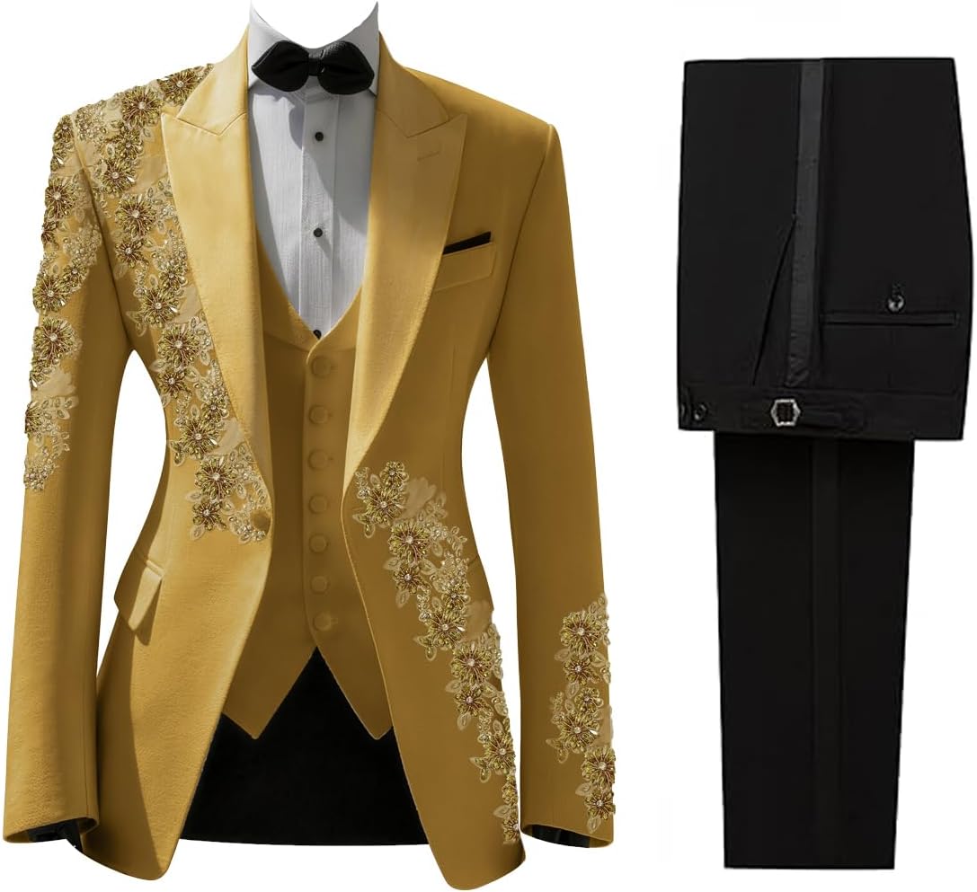 Men's Beads Suit 2 Piece Slim Fit Luxury Sequins Floral Tuxedo Prom Suits for Wedding Party Prom Peaked Lapel