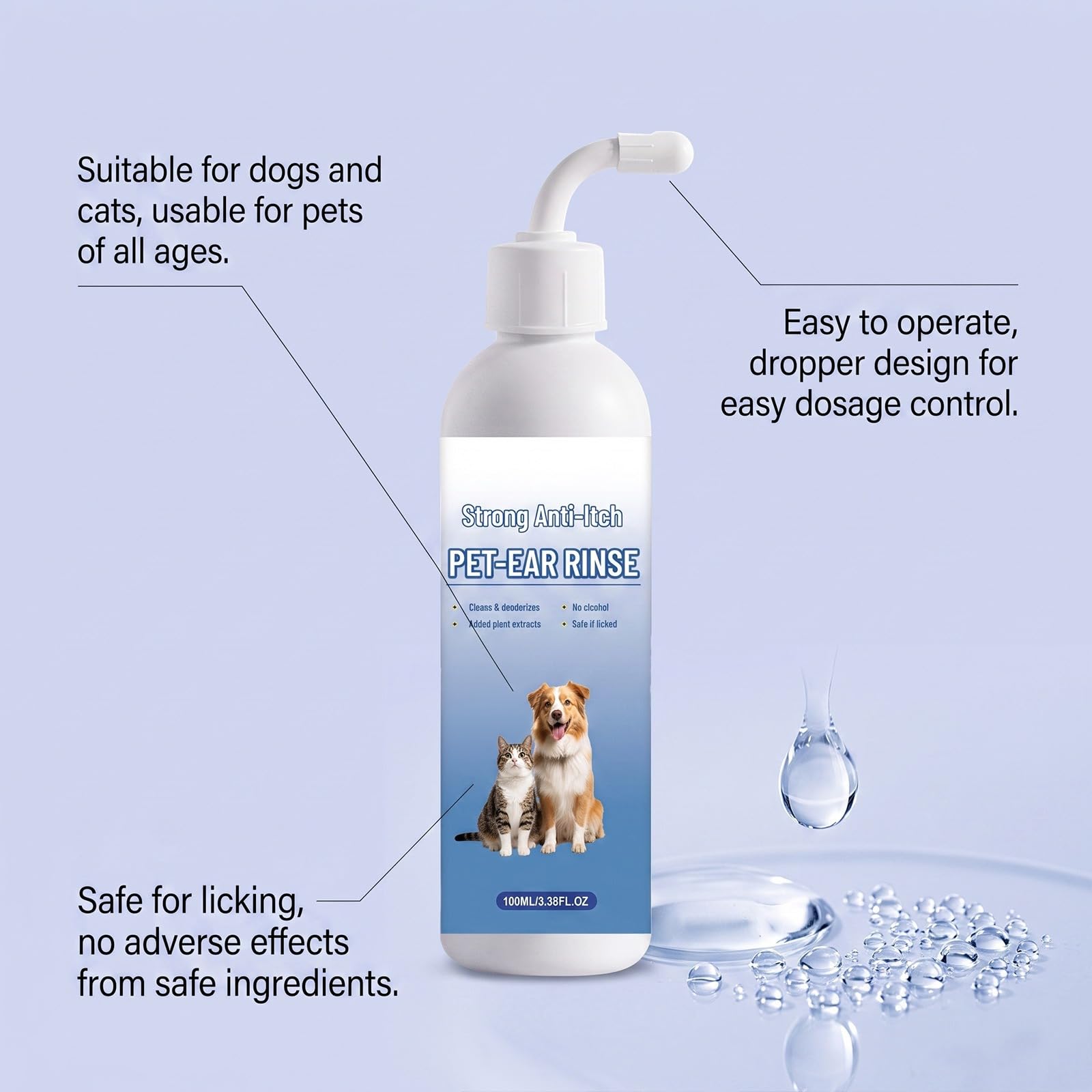Solution nettoyante auriculaire 100 ml pour chien et chat, anti-odeurs | Embout coudé et cotons-tiges inclus,pour une application précise lors de l’entretien régulier des oreilles de chiens et chats