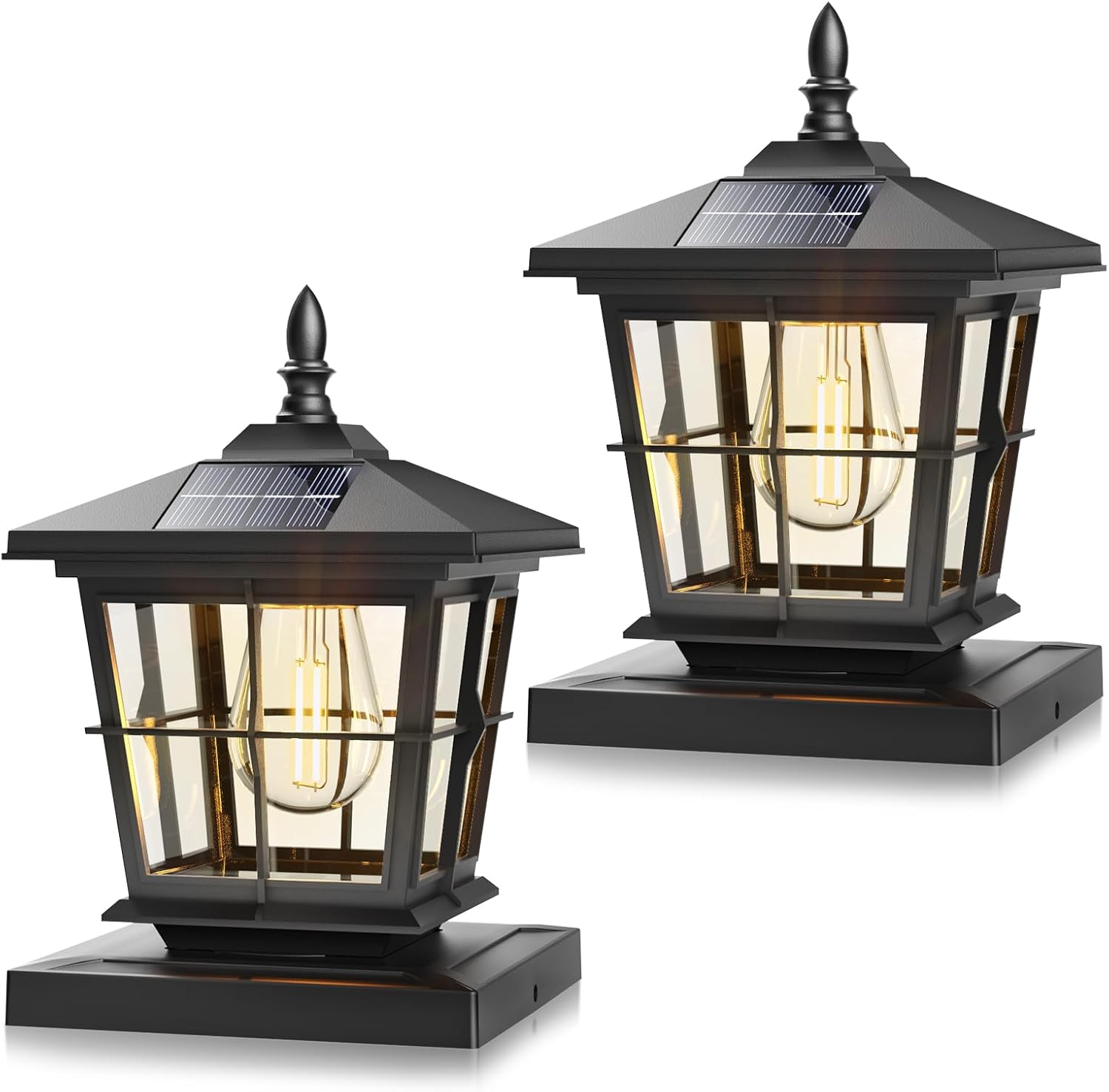 NIORSUN Solar Post Lights Outdoor, Fence Post Solar Lights with 3 Color Temperatures, Edison LED Bulbs Garden Patio Fence Deck Decor, 4x4 Posts Caps, 4x4, 5x5 Wooden & Vinyl (2 Pack,Black)