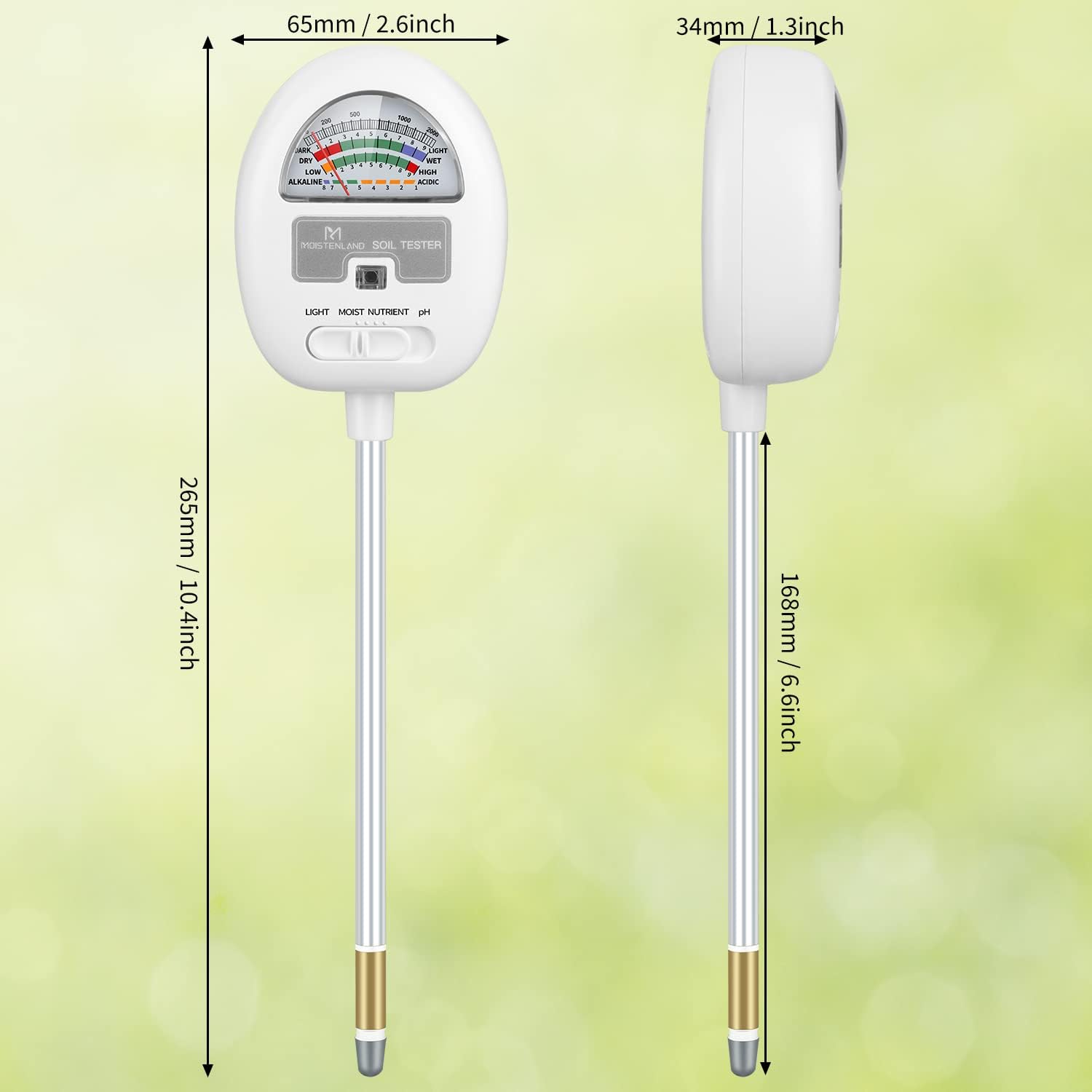[Upgraded] Soil Moisture Meter, 4-in-1 Soil pH Tester, Soil Moisture/Light/Nutrients/pH Meter for Gardening, Lawn, Farming, Indoor & Outdoor Plants Use, No Batteries Required
