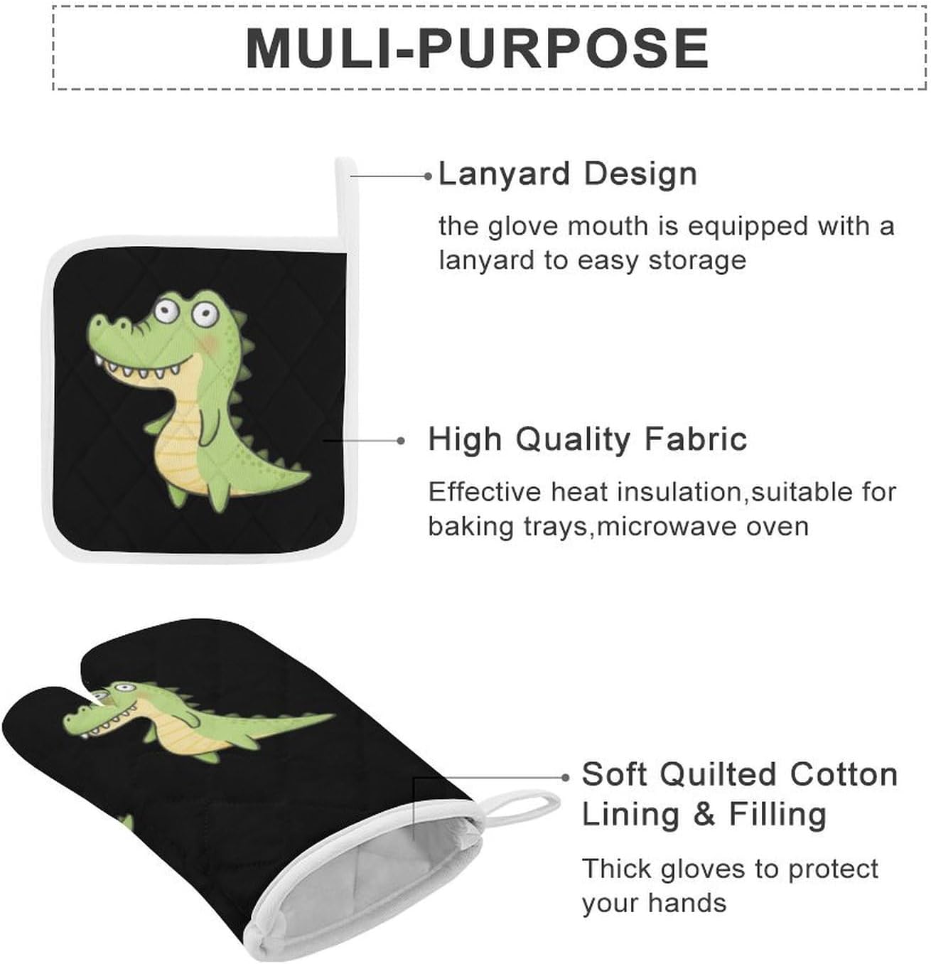 Cute Alligator Print Oven Mitts and Pot Holders 3 Piece Sets Heat Resistant Gloves Hot Pads Potholders for Kitchen Baking Cooking