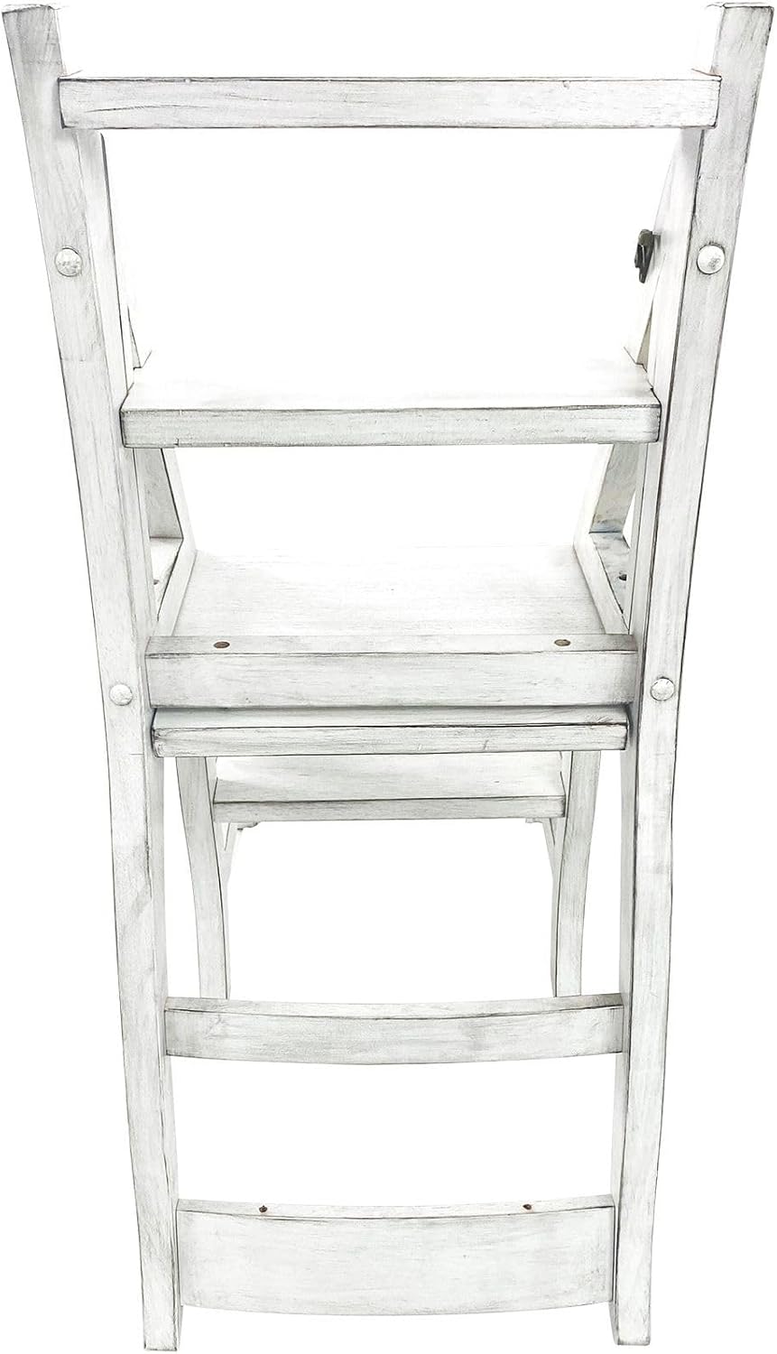 Carolina Chair & Table Antique Folding Library Ladder Chair - Convertible 2-in-1 Chair, Foldable Ladder Seat with Storage Shelf - Multifunctional Furniture for Bedroom, Dining (Antique White)
